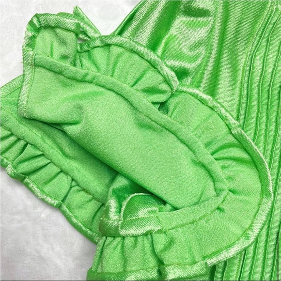 Vintage 1970s 70s Handmade Neon Green Pintucked Short Sleeve Qiana Maxi Dress - Picture 8 of 16